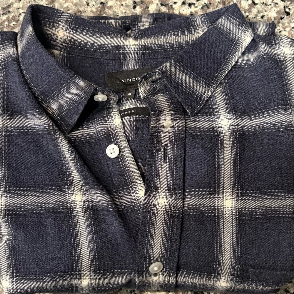 Vince Button Down Shirt Dark Blue White Plaid XL
